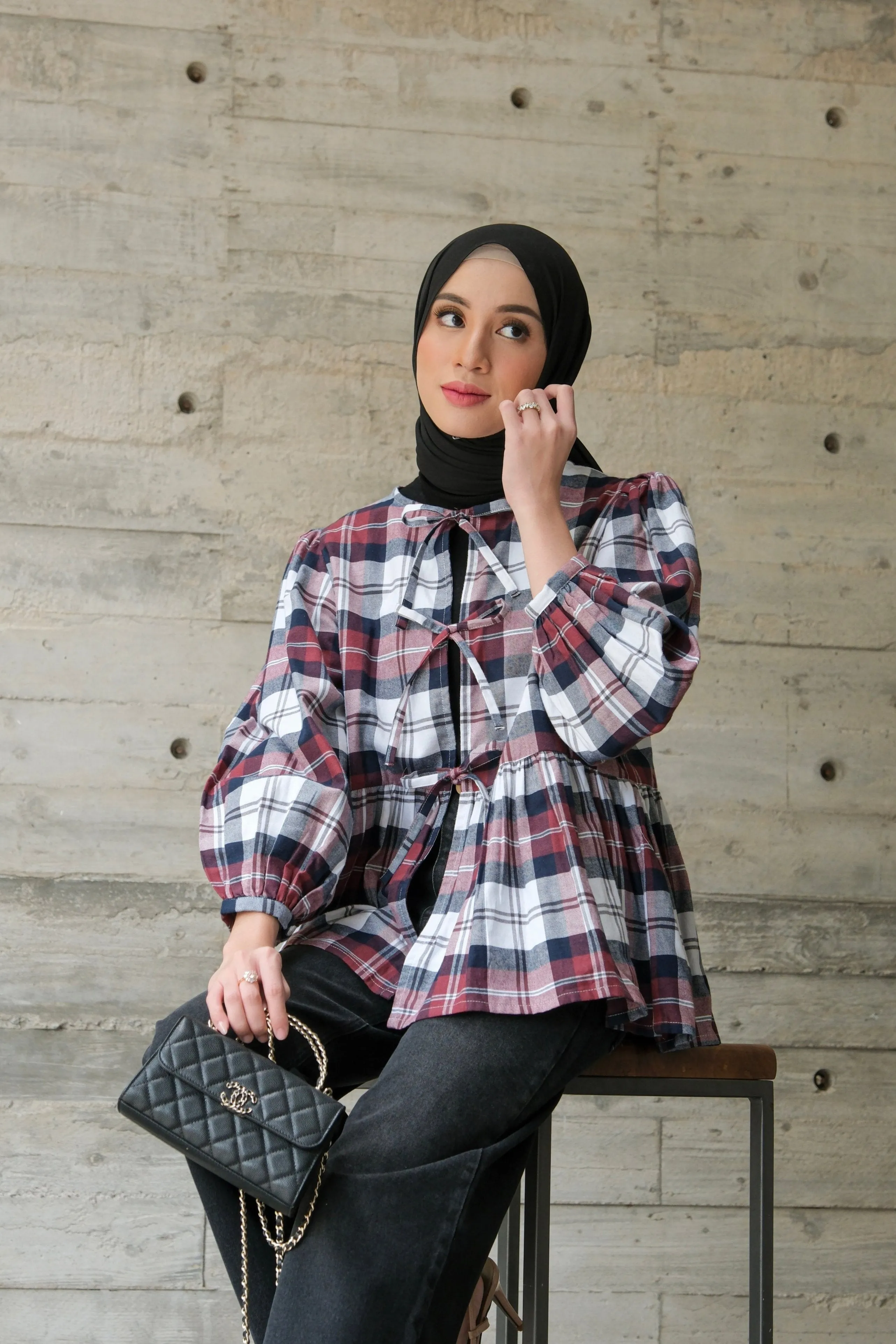 Kara Outer - Maroon - Outer Blouse Wanita Bahan Flanel Aksen Tali - OJ2240470