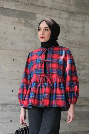 Kara Outer - Red - Outer Blouse Wanita Bahan Flanel Aksen Tali - OJ2241270