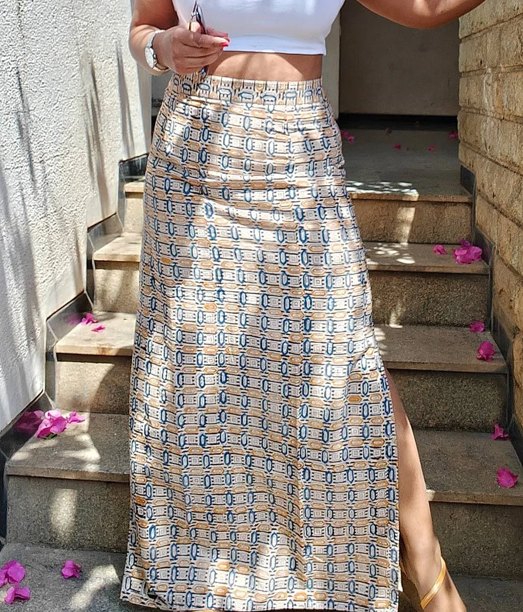 Khel Handloom Cotton Block Printed Maxi Skirt with Side Slits