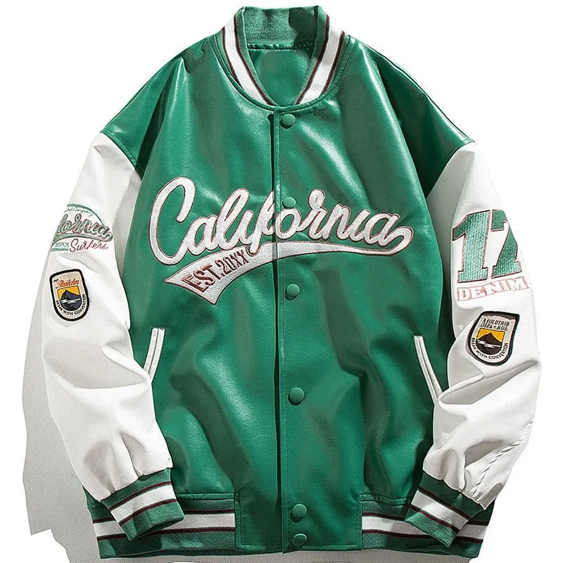 LEMAMDIK Leather Baseball Jacket Embroidered