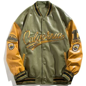 LEMAMDIK Leather Baseball Jacket Embroidered