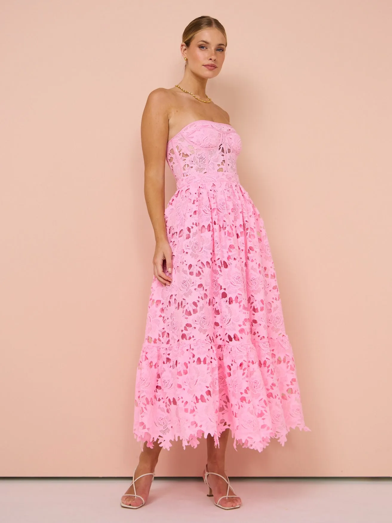 Leo Lin Emilia Lace Bustier Midi Dress in Candy Pink