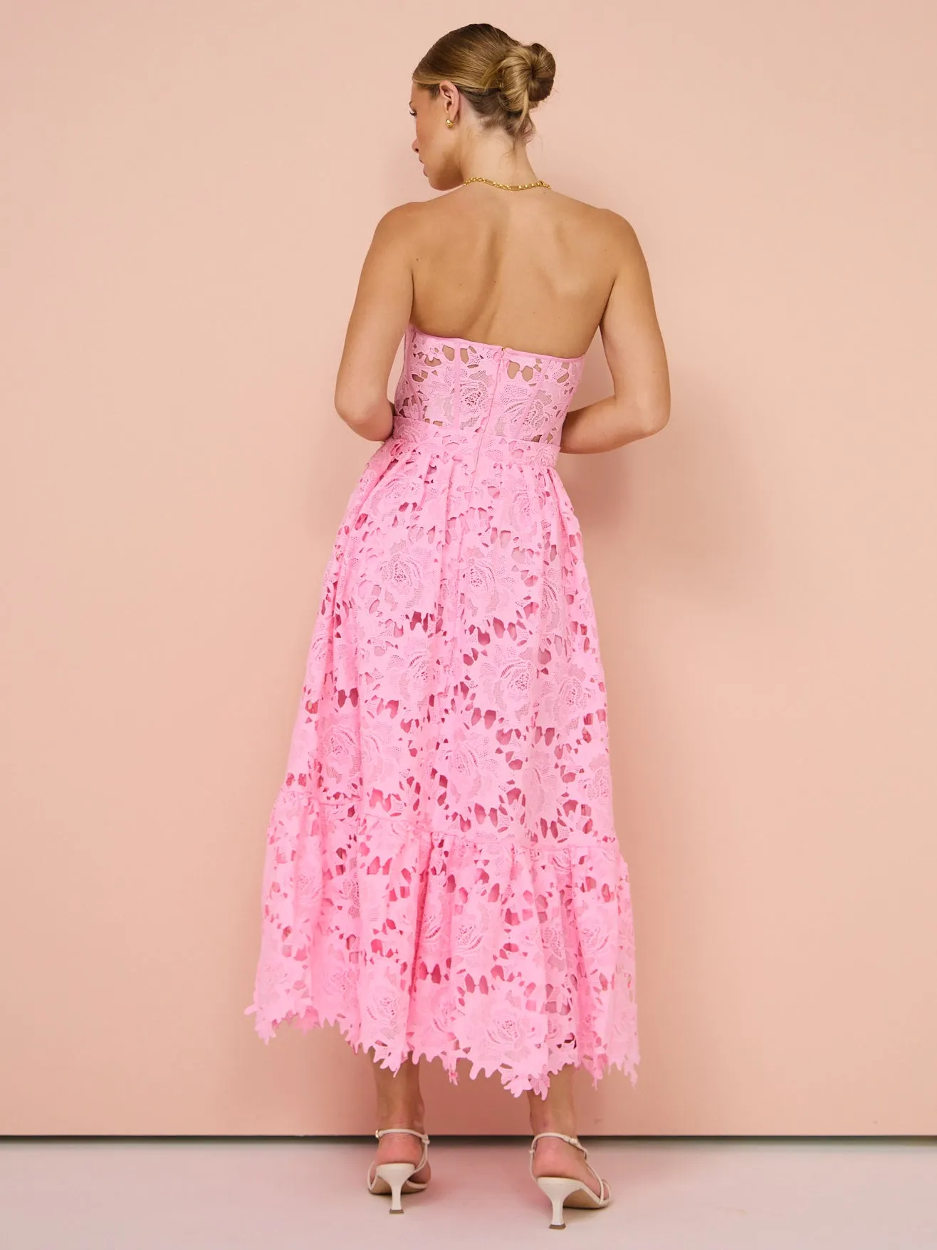 Leo Lin Emilia Lace Bustier Midi Dress in Candy Pink