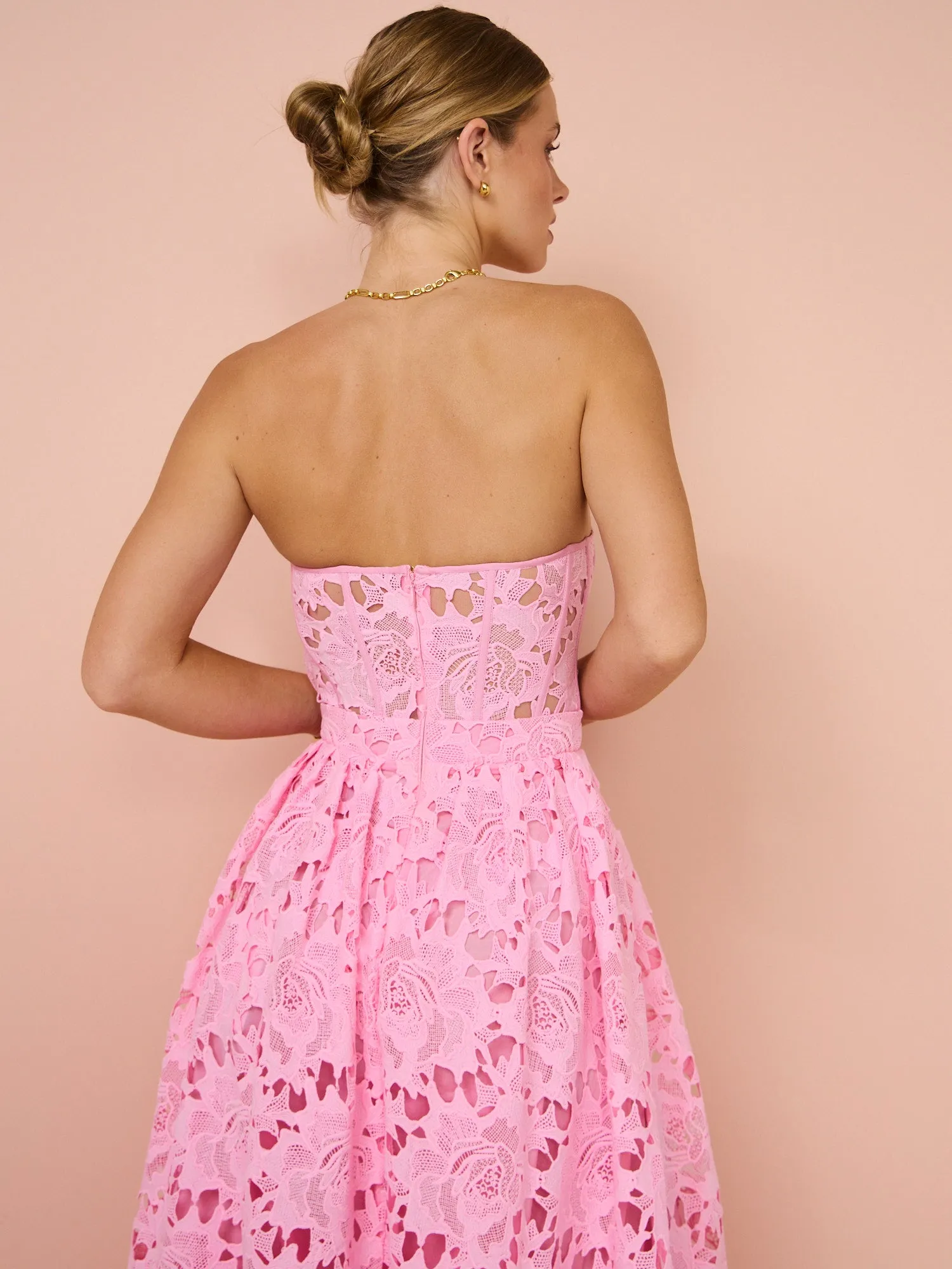 Leo Lin Emilia Lace Bustier Midi Dress in Candy Pink