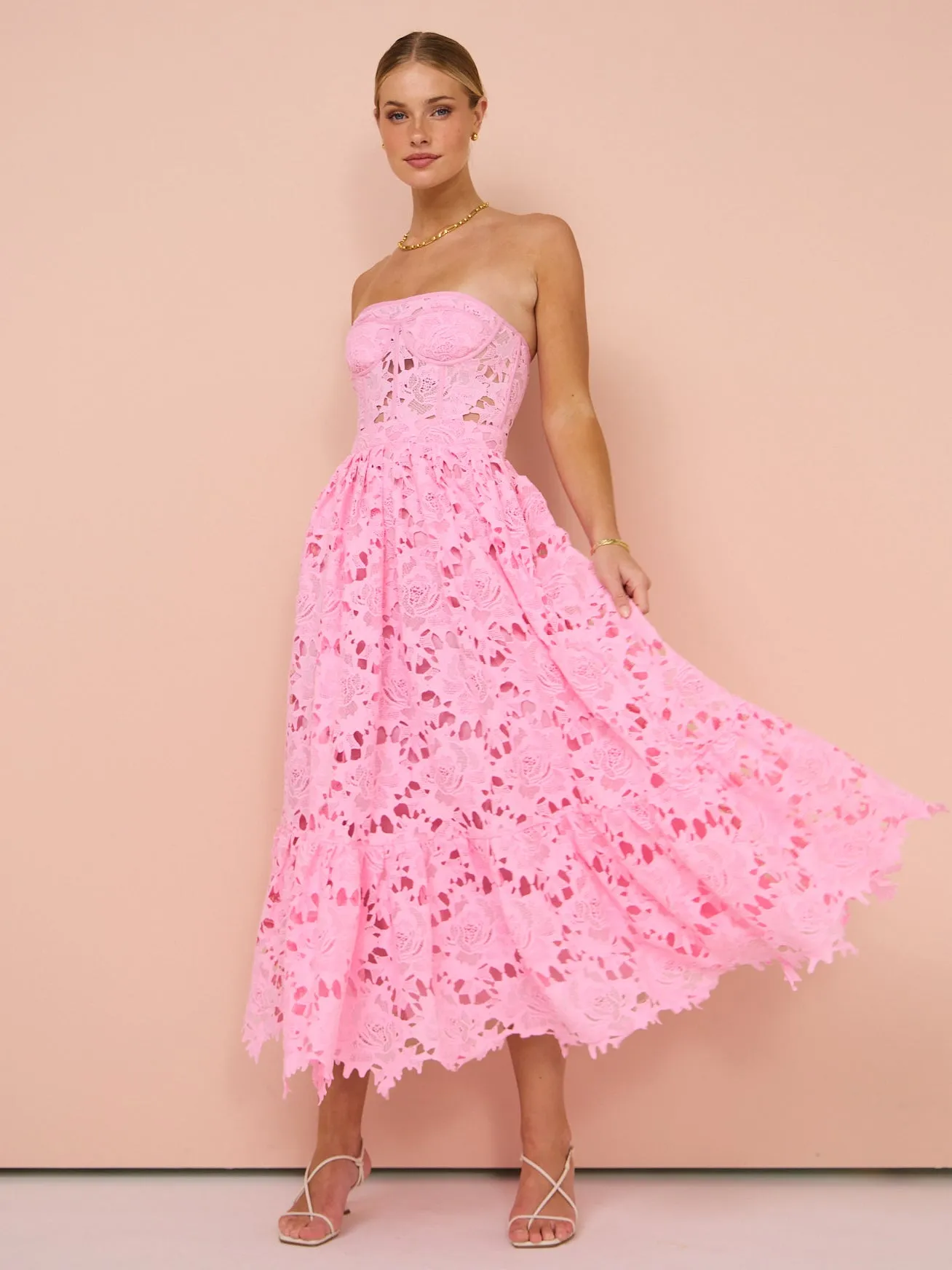 Leo Lin Emilia Lace Bustier Midi Dress in Candy Pink