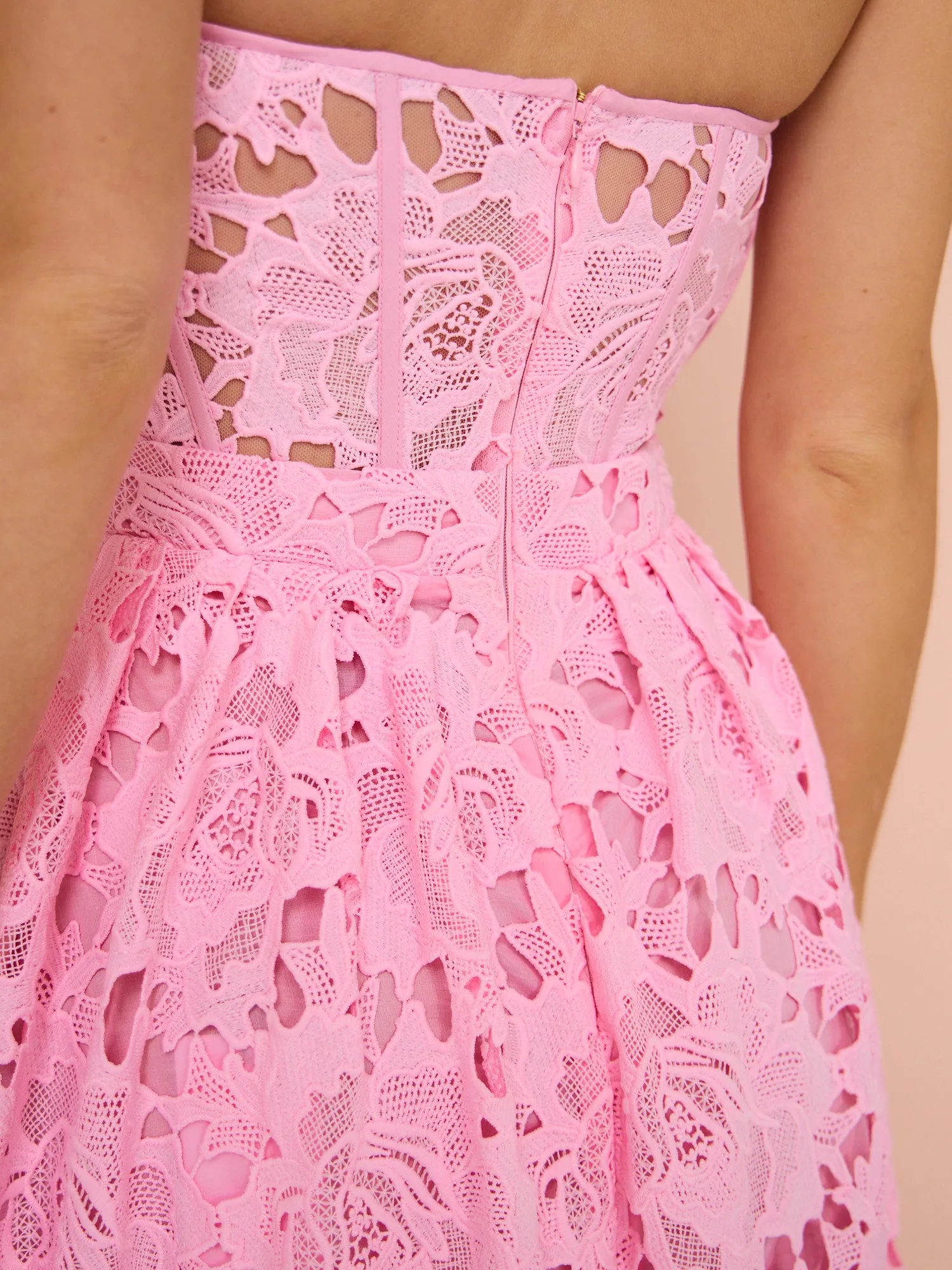 Leo Lin Emilia Lace Bustier Midi Dress in Candy Pink