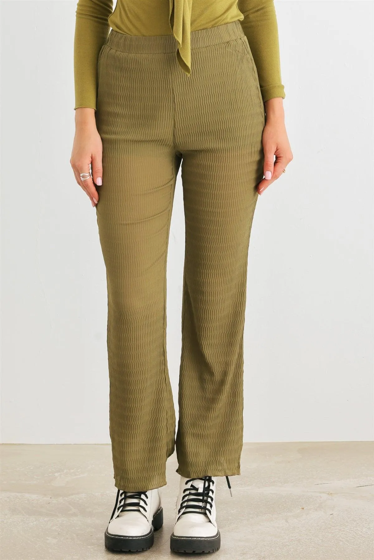 Light Olive Plisse High Waist Lettuce Hem Pants /1-2-2-1