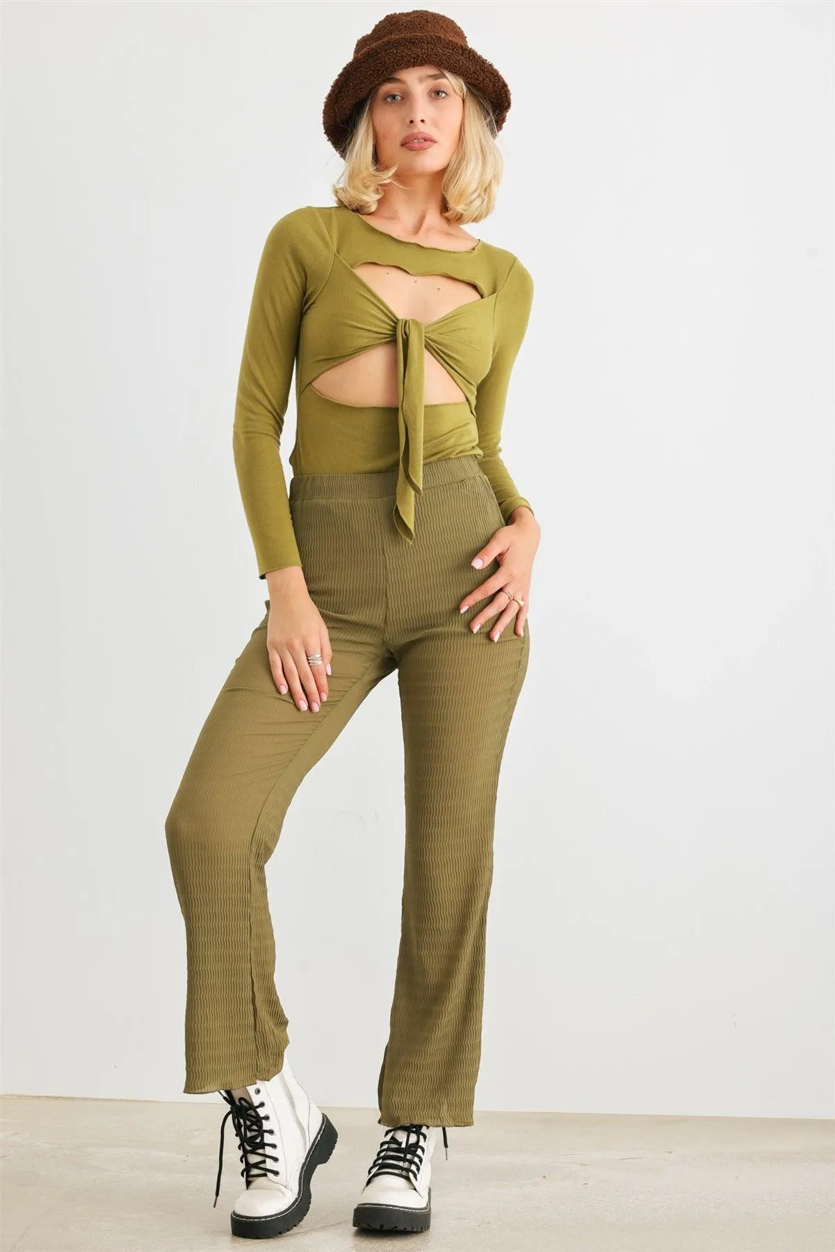 Light Olive Plisse High Waist Lettuce Hem Pants /1-2-2-1