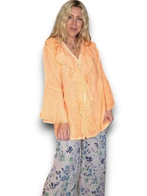 MADRID LINEN FRILL TUNIC LINEN NEON ORANGE