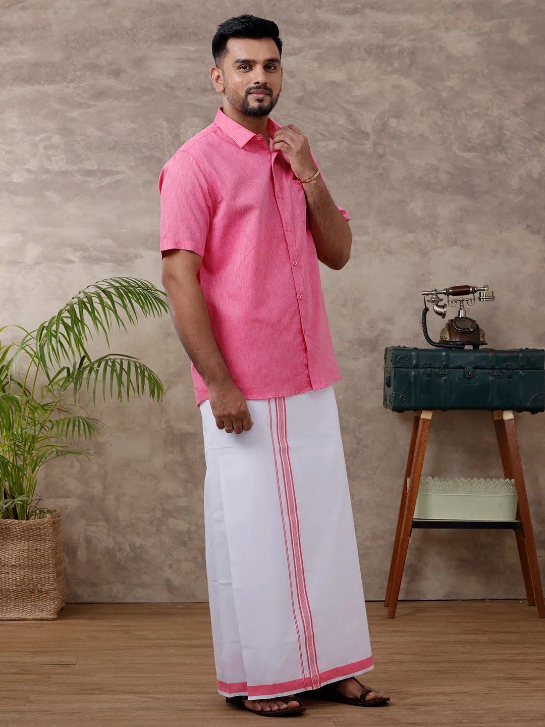 Men Matching Border Dhoti & Shirt Set Half Pink C34