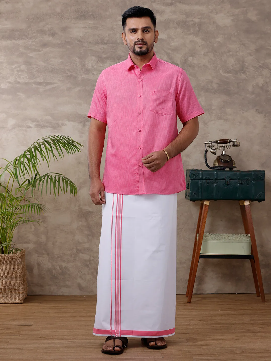 Men Matching Border Dhoti & Shirt Set Half Pink C34