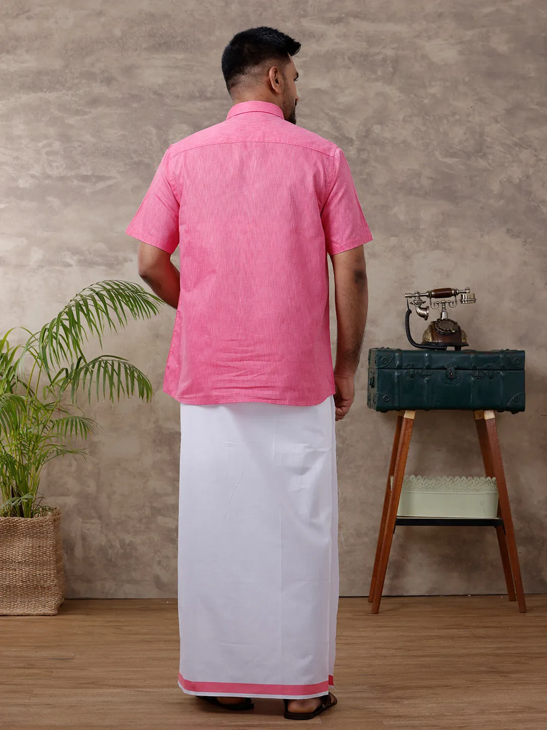 Men Matching Border Dhoti & Shirt Set Half Pink C34