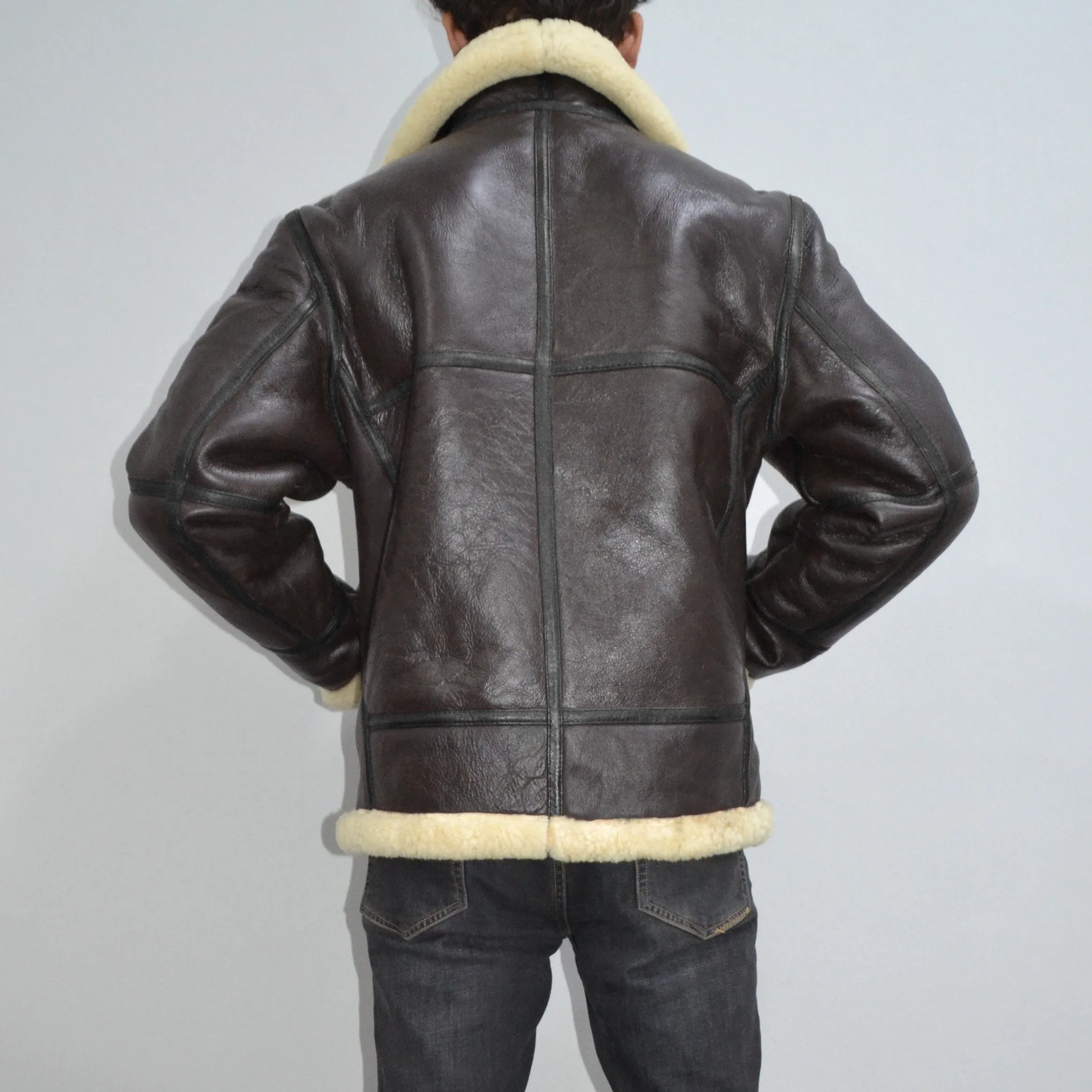 Mens Shearling Fur Bomber RAF Brown Black Strips Real Leather Jacket