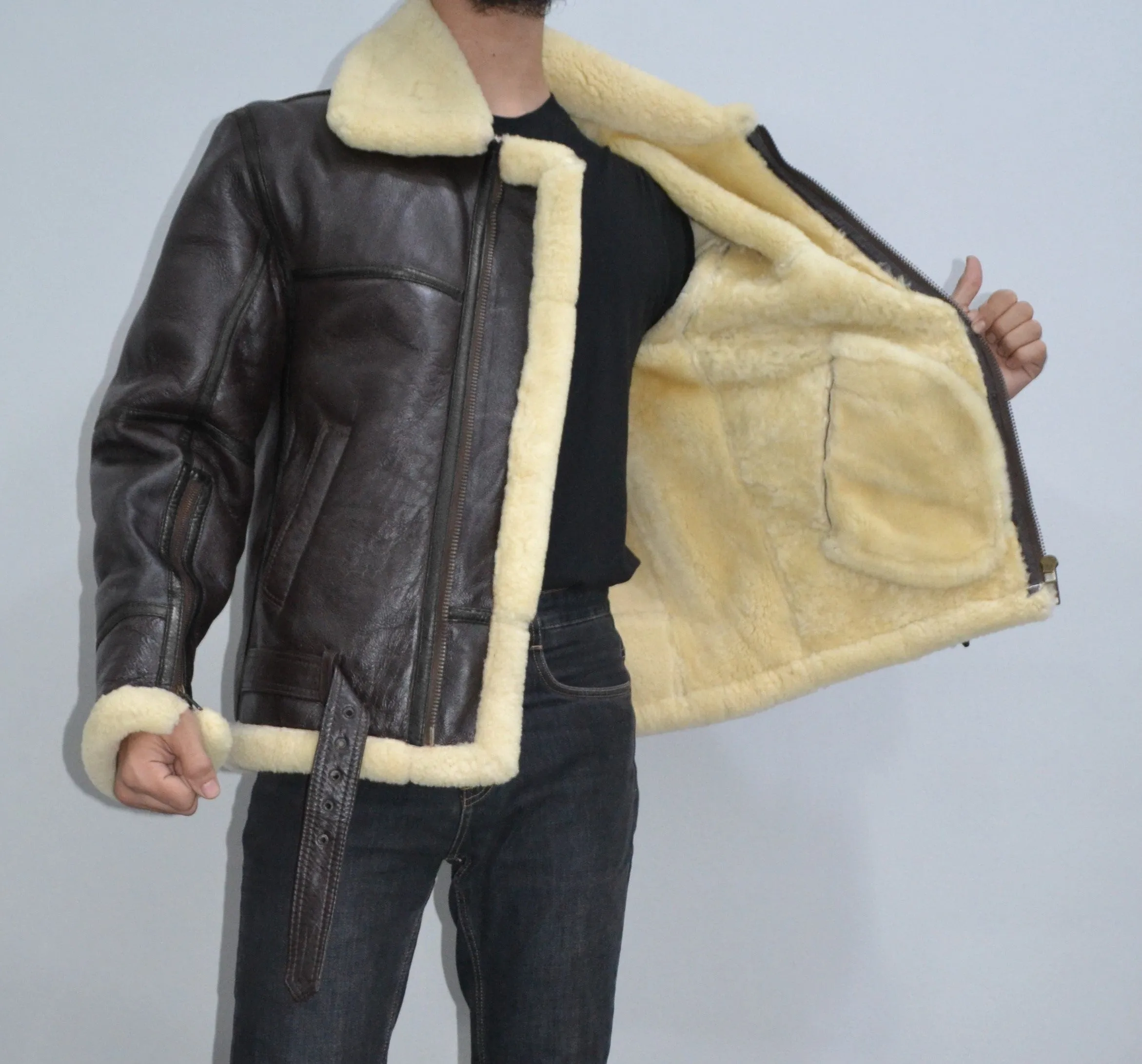 Mens Shearling Fur Bomber RAF Brown Black Strips Real Leather Jacket