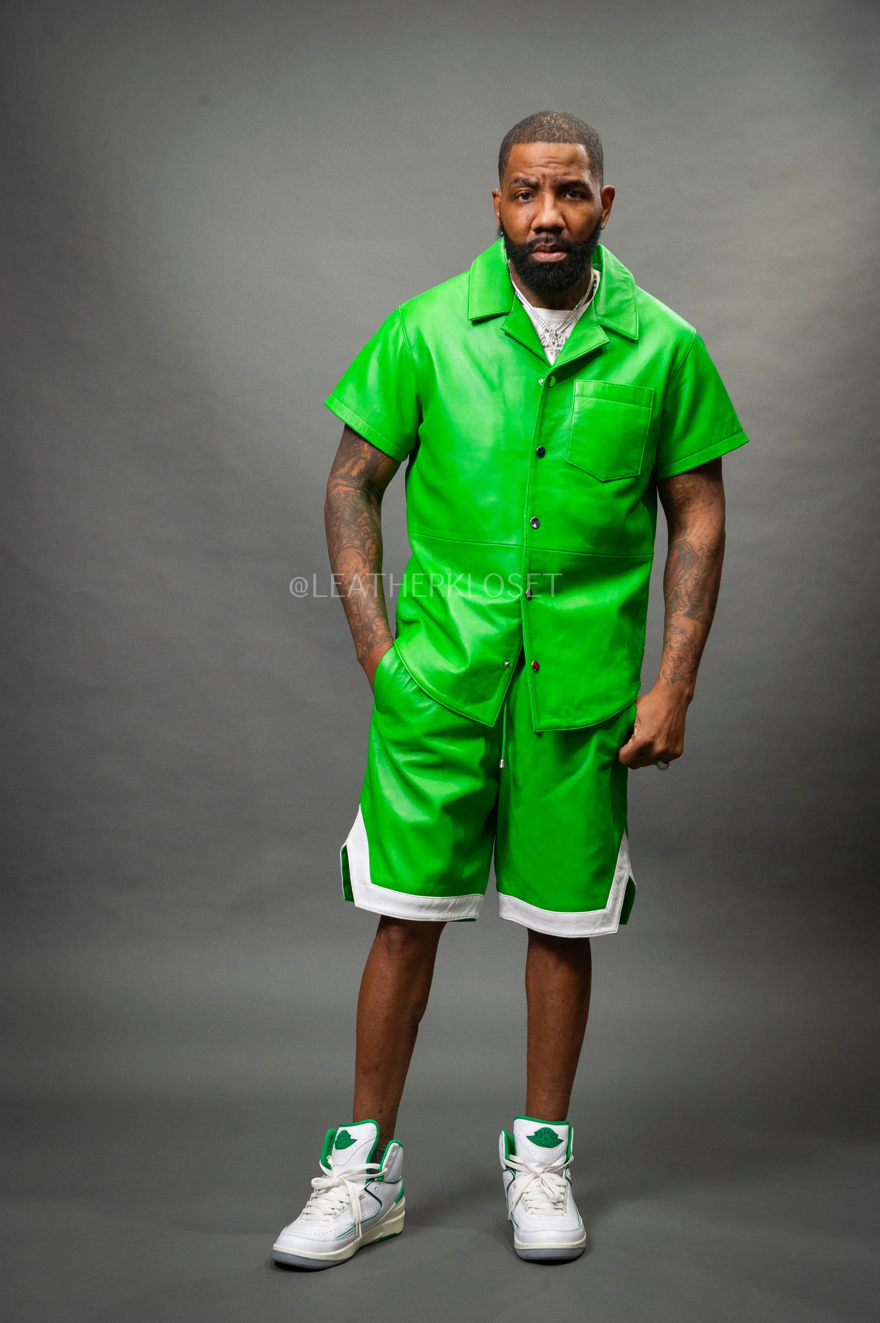 Men's Summer In Miami Leather Shirt And Shorts Set [Green]