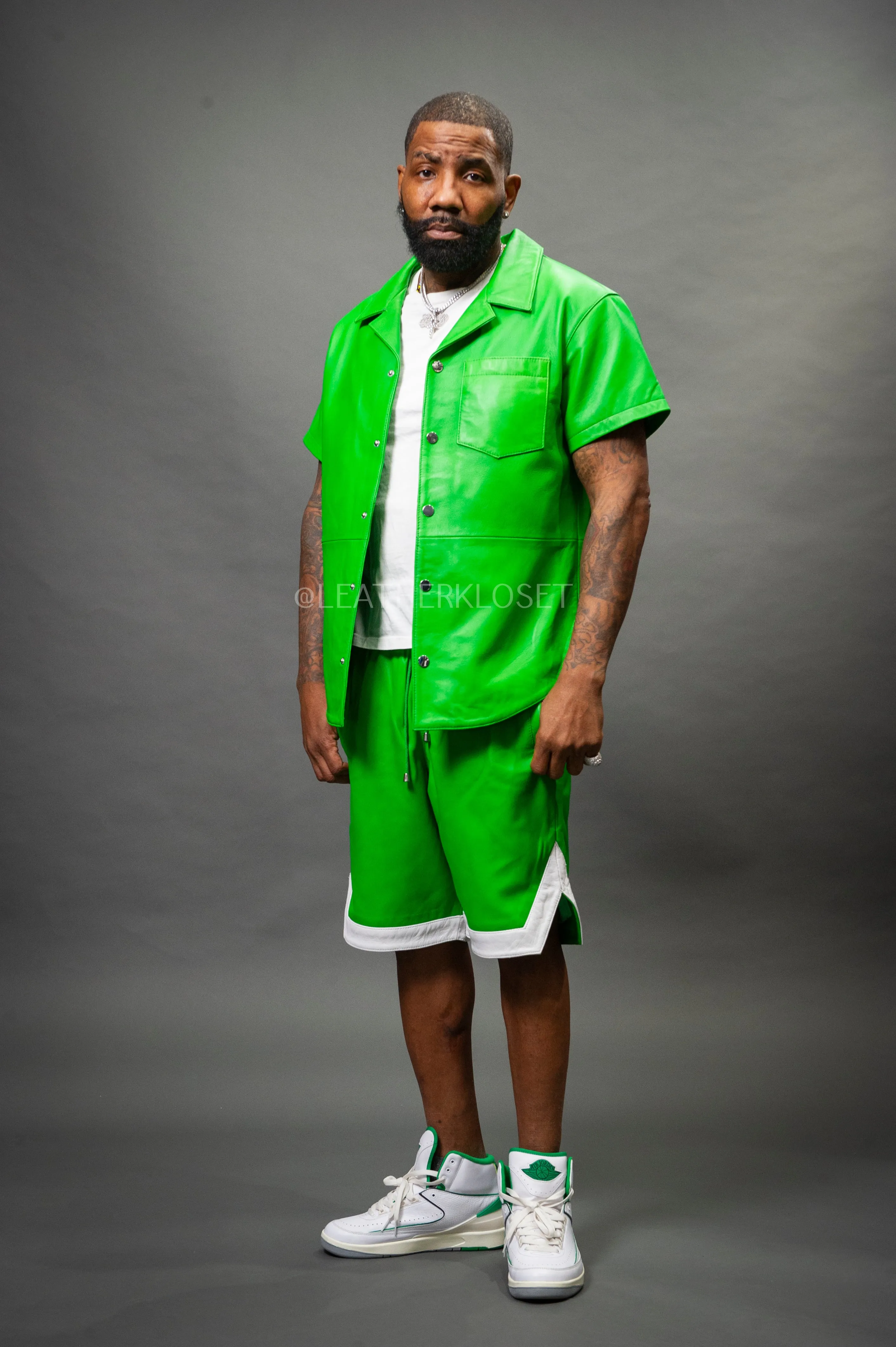 Men's Summer In Miami Leather Shirt And Shorts Set [Green]