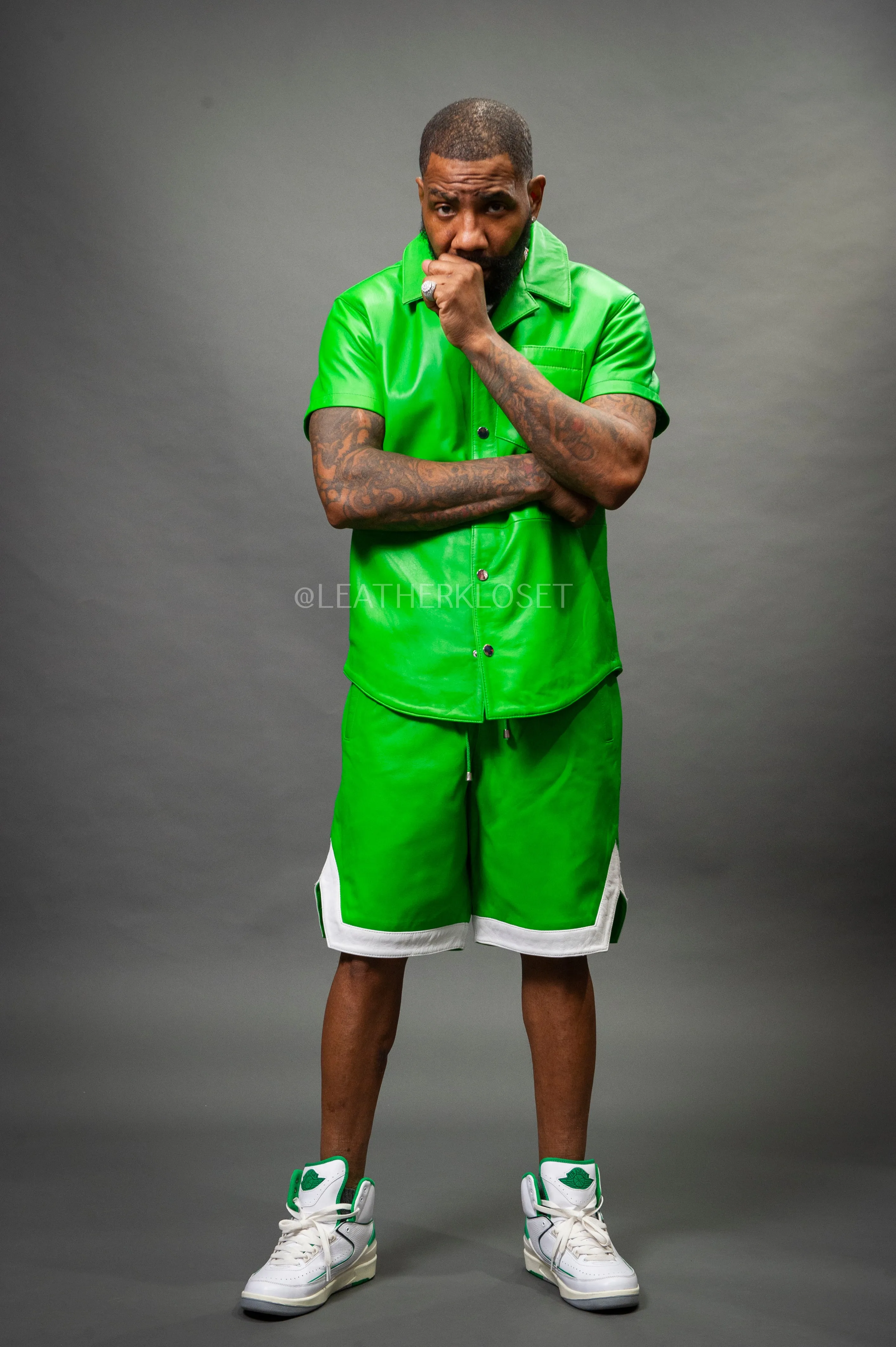 Men's Summer In Miami Leather Shirt And Shorts Set [Green]