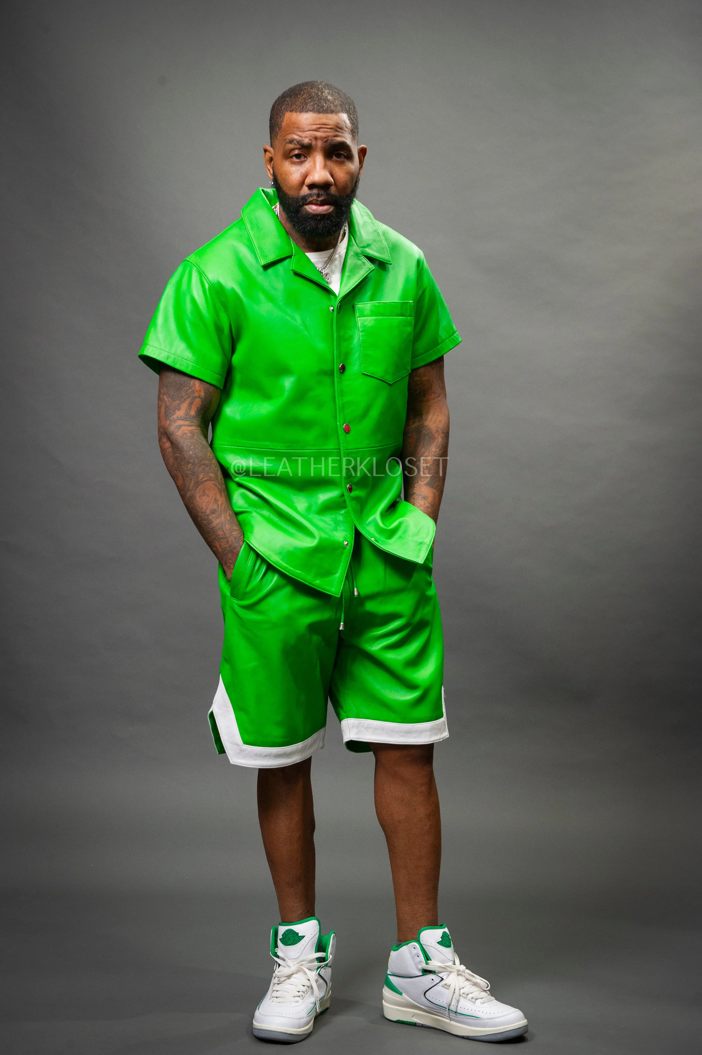 Men's Summer In Miami Leather Shirt And Shorts Set [Green]