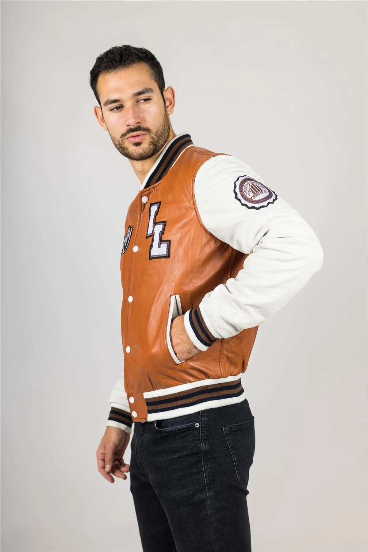 Men's Tan Brown Leather Letterman Bomber Jacket