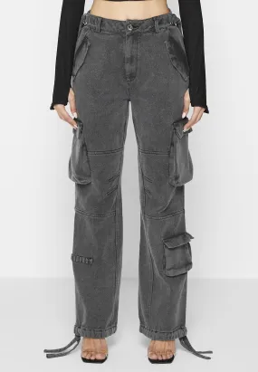 Mid Rise Cargo Pants - Washed Grey