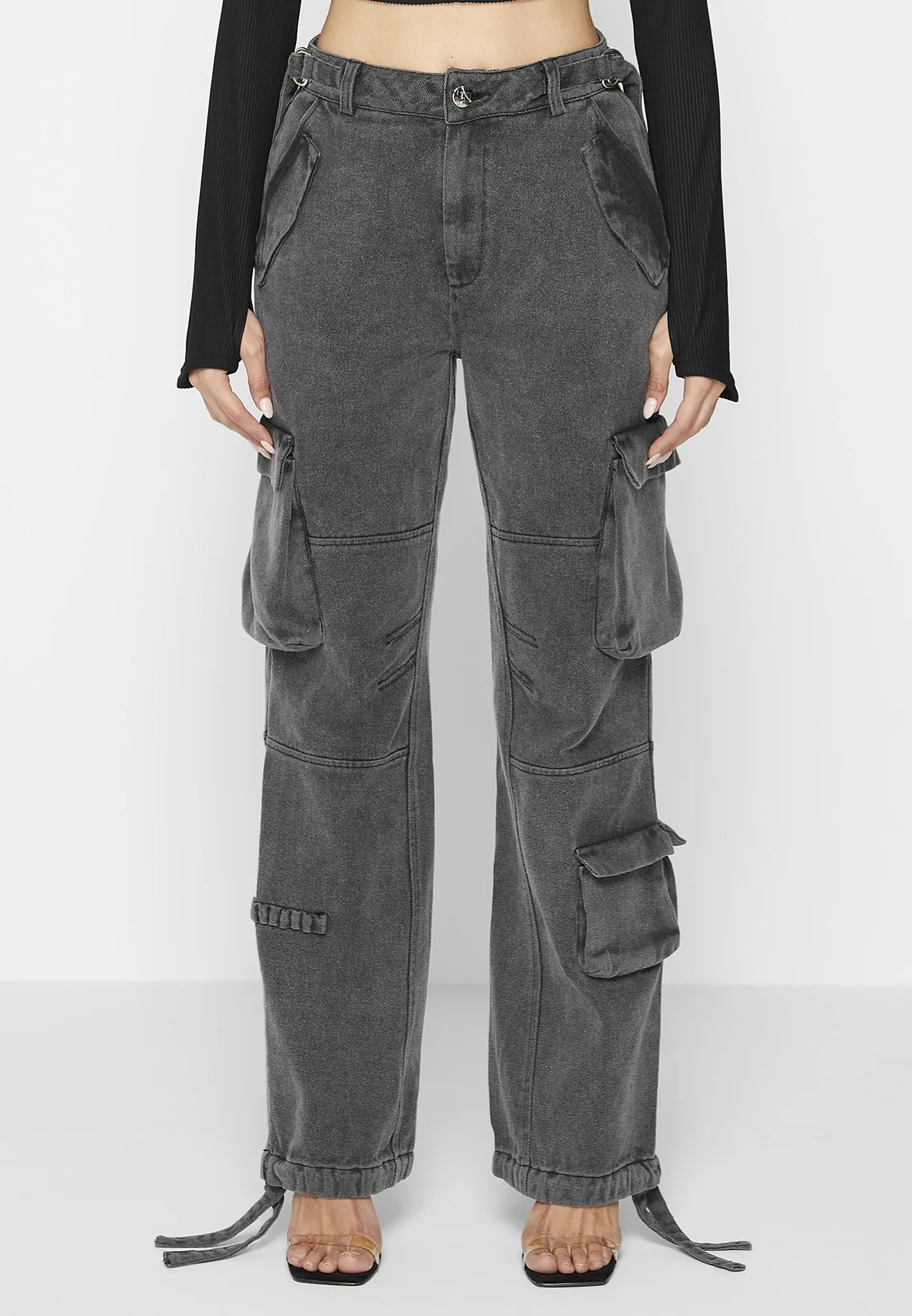 Mid Rise Cargo Pants - Washed Grey