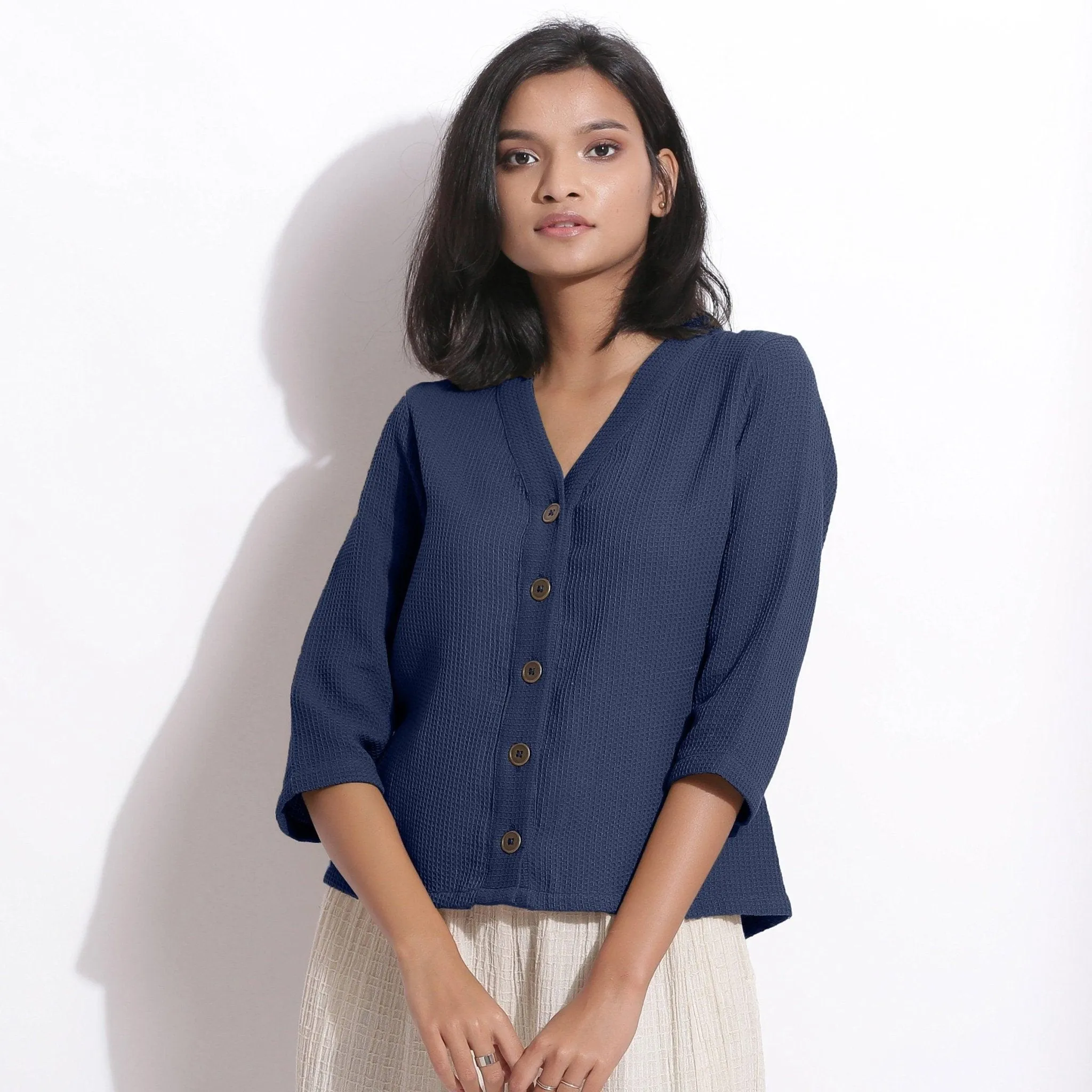 Navy Blue Warm Cotton Waffle Button-Down Top