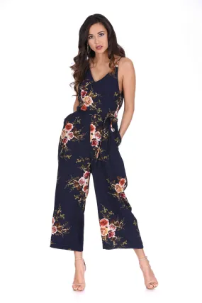 Navy Floral Culotte V Neck Jumpsuit