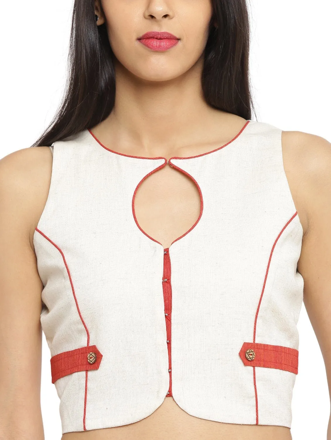 Off white Sleeveless Handloom Blouse With Patch Details