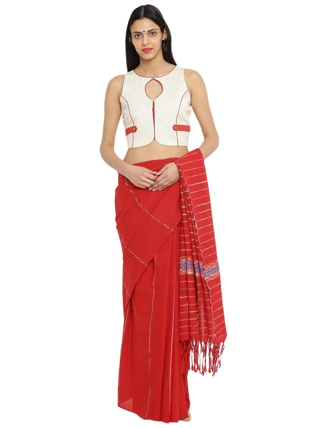 Off white Sleeveless Handloom Blouse With Patch Details