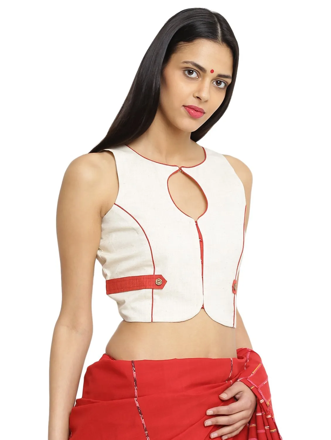 Off white Sleeveless Handloom Blouse With Patch Details