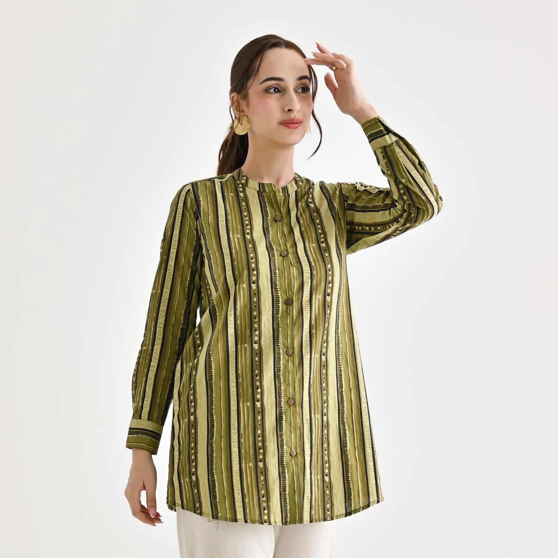 Olive Striped Sanganeri Button Down Cotton Tunic