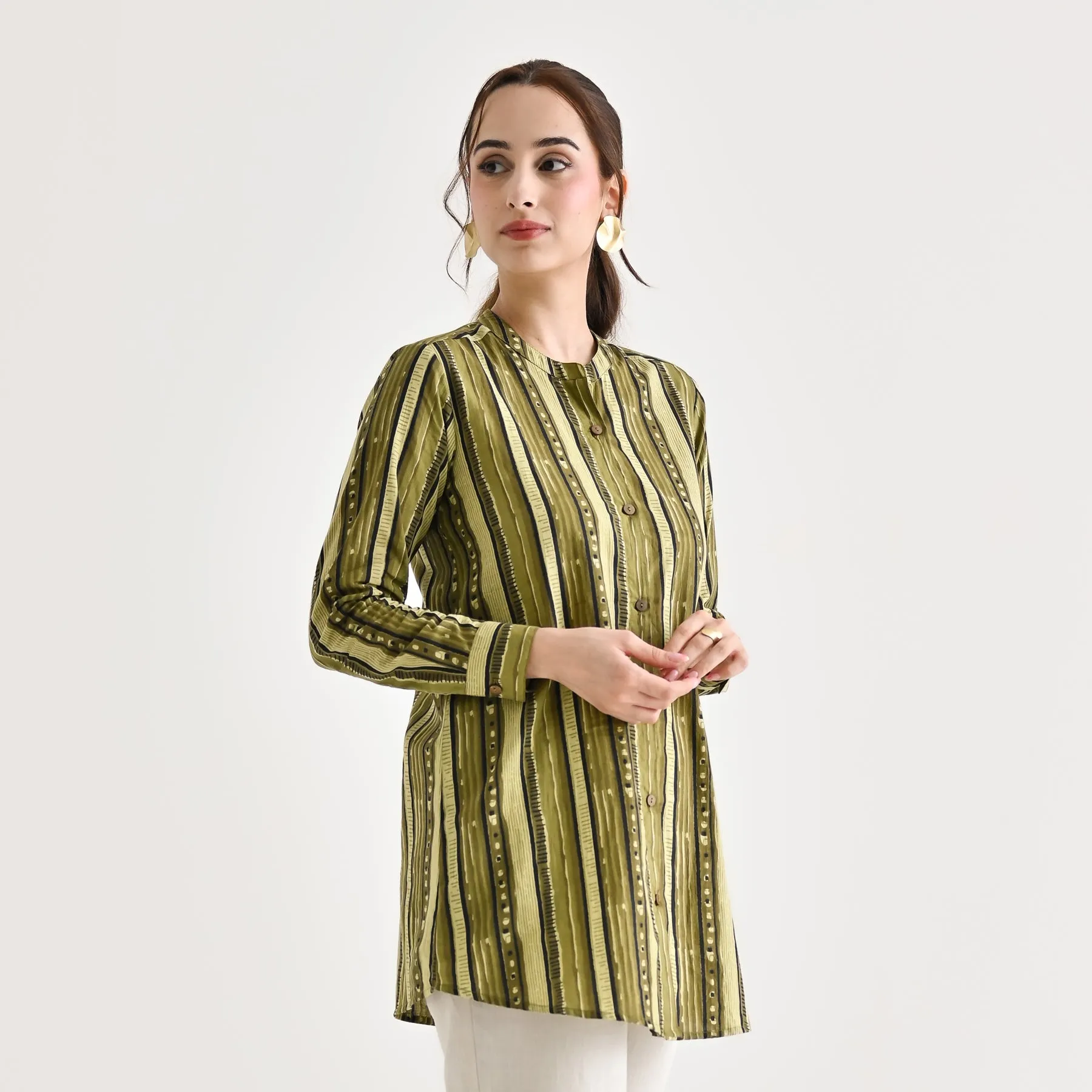 Olive Striped Sanganeri Button Down Cotton Tunic