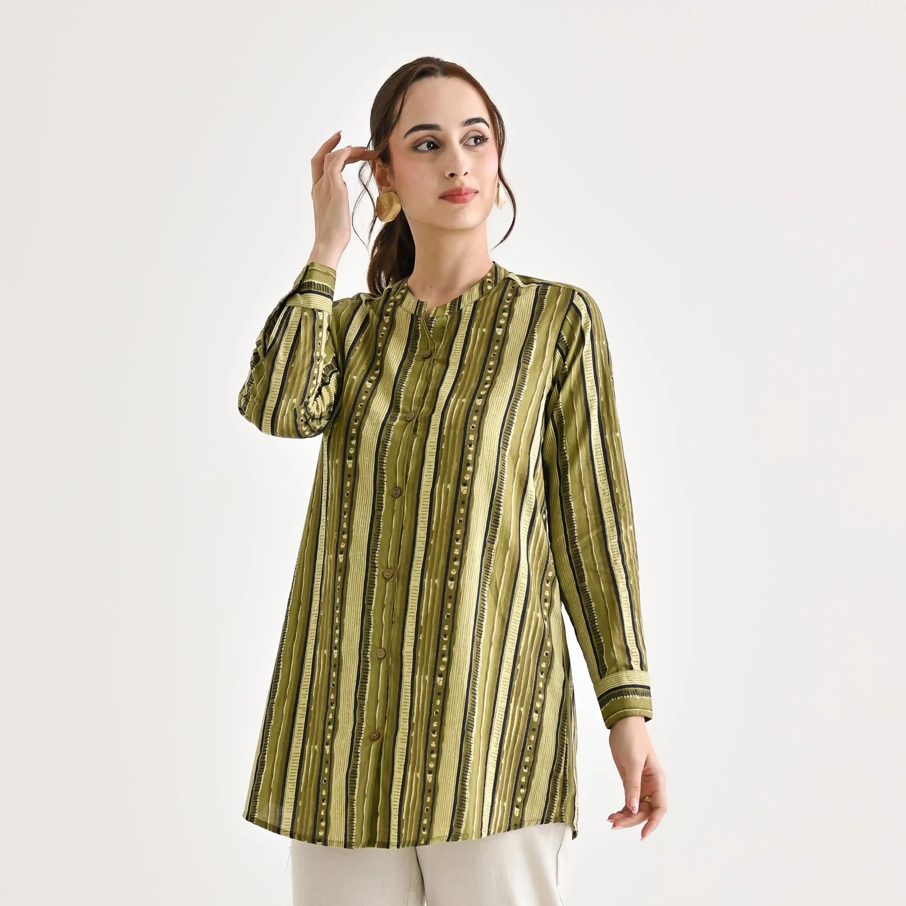 Olive Striped Sanganeri Button Down Cotton Tunic