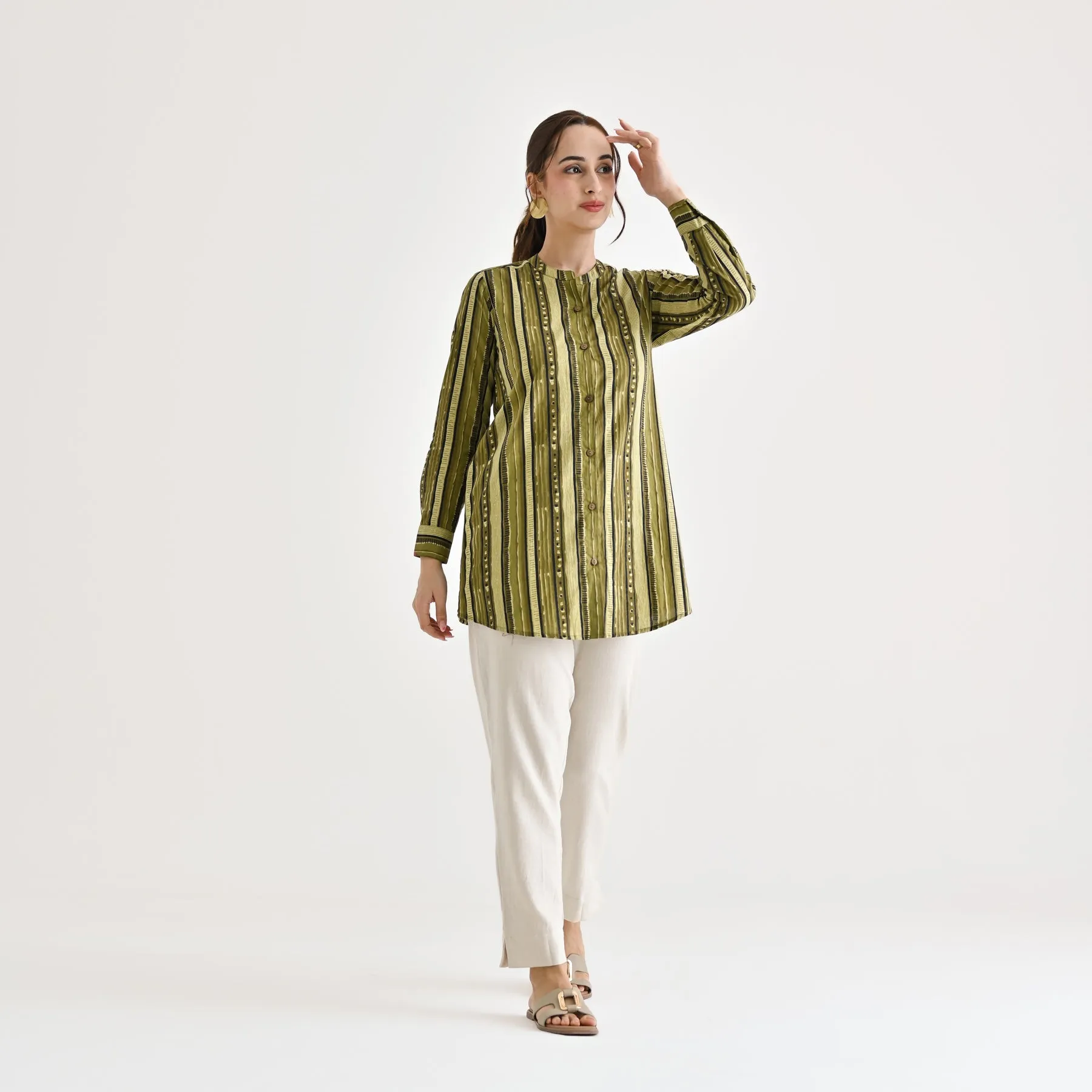 Olive Striped Sanganeri Button Down Cotton Tunic