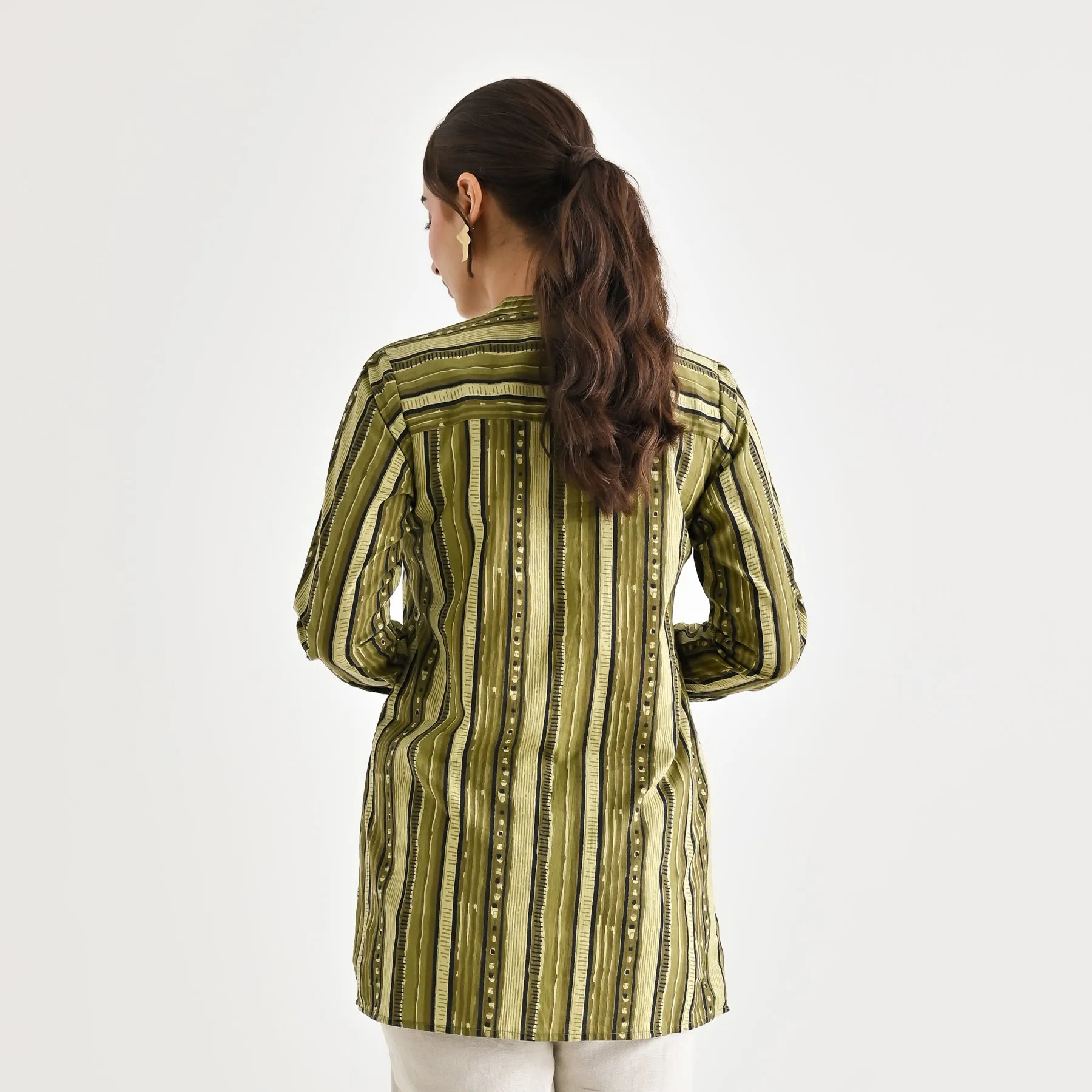 Olive Striped Sanganeri Button Down Cotton Tunic