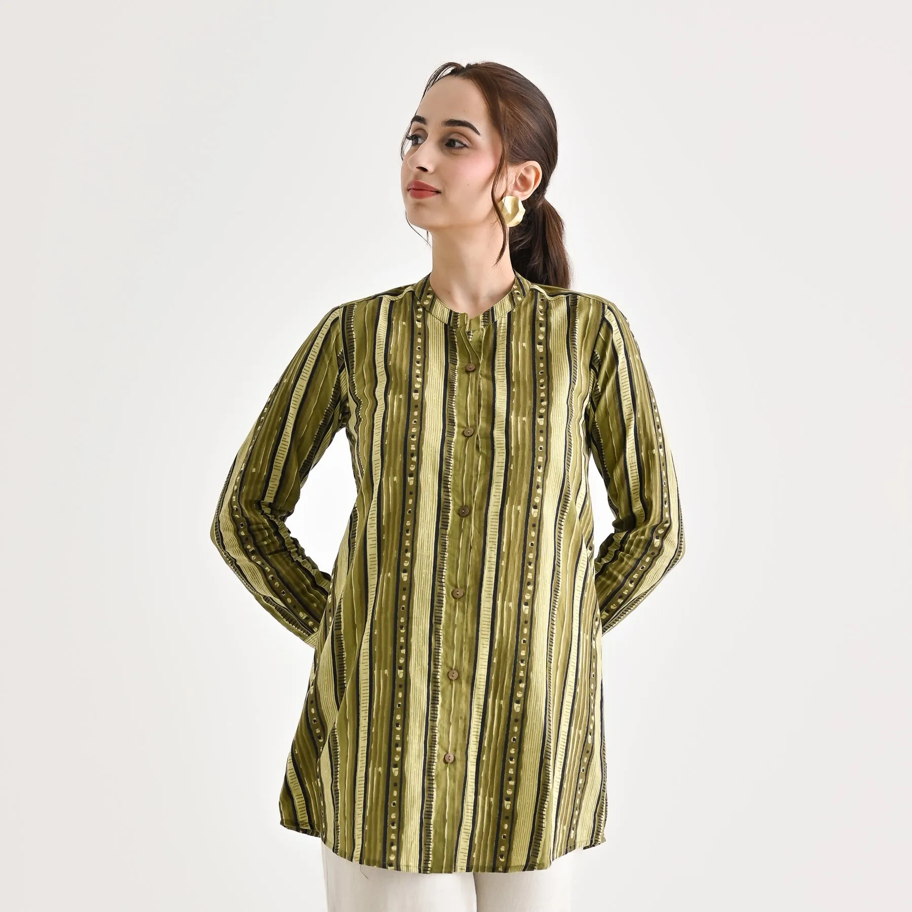 Olive Striped Sanganeri Button Down Cotton Tunic