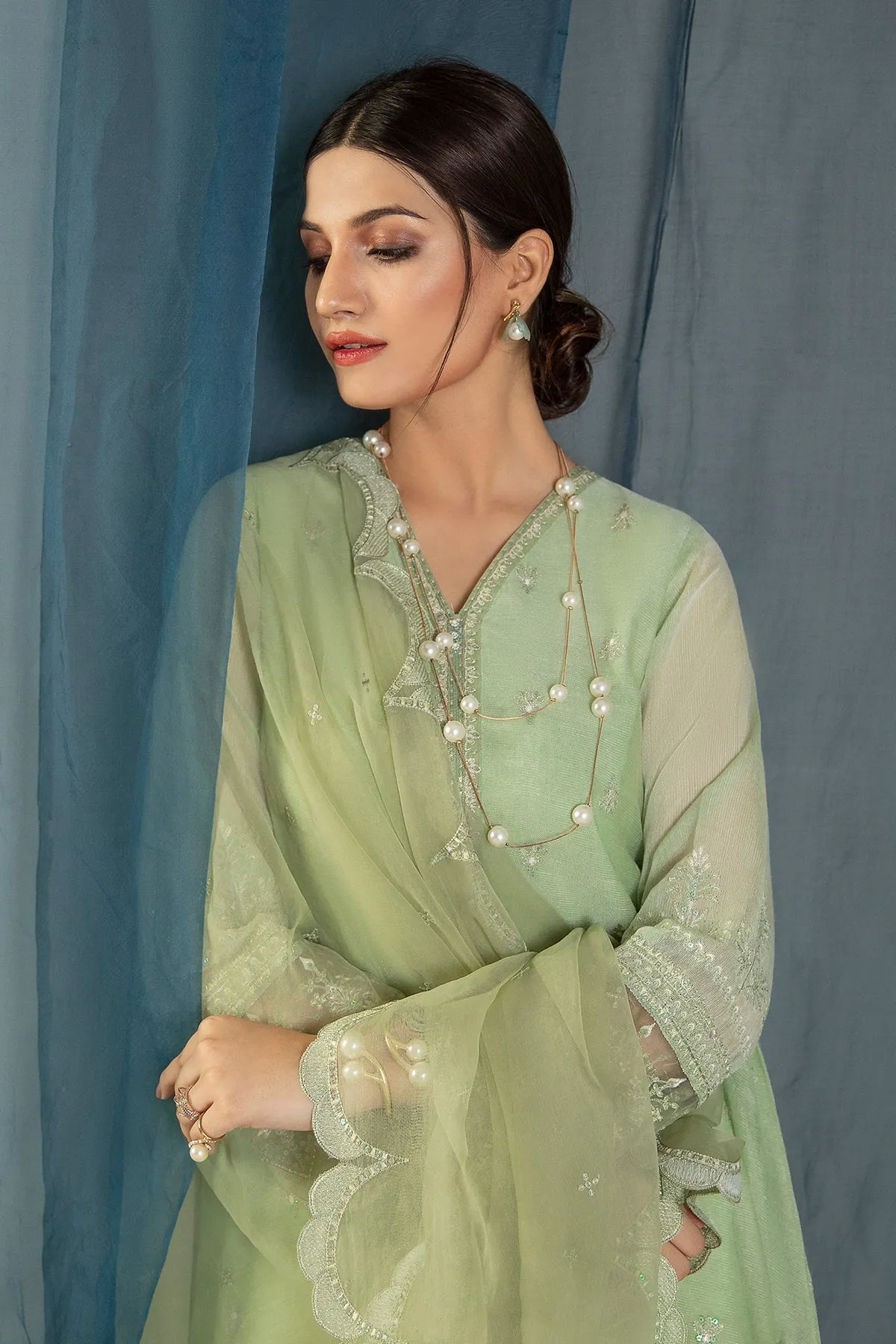 Pakistani Mint Green Kameez in Gown Style Party Wear