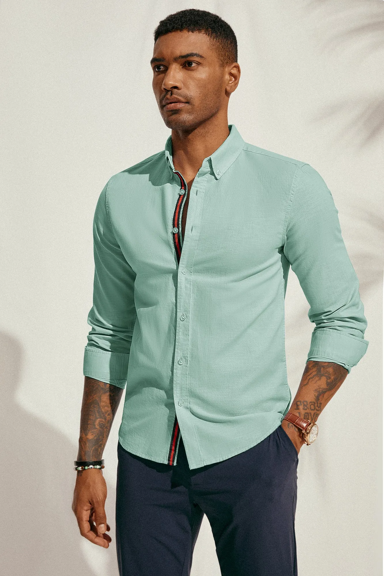 PJ Men Breathable Cotton & Linen Shirt Long Sleeve Button-Down Collar Tops