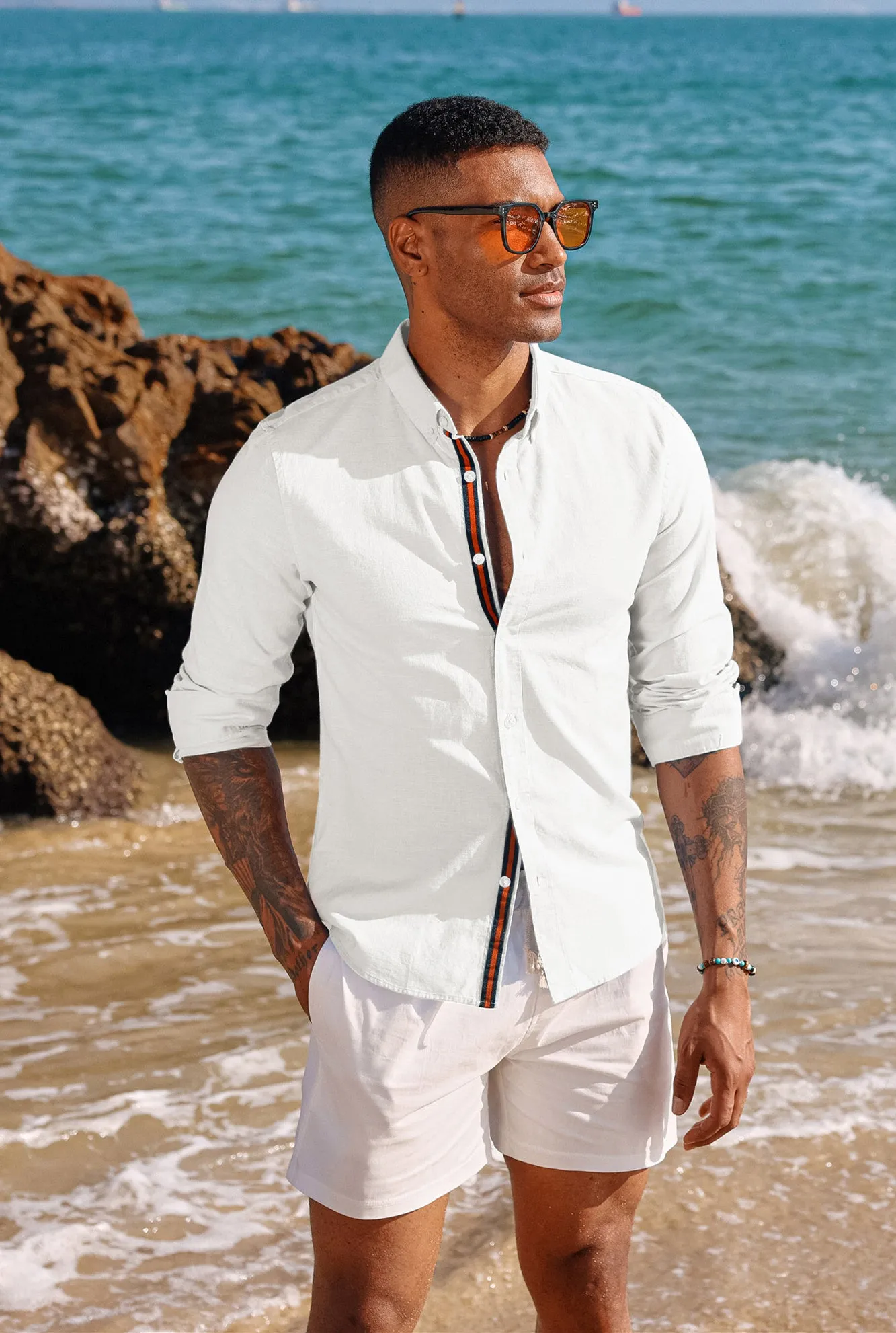 PJ Men Breathable Cotton & Linen Shirt Long Sleeve Button-Down Collar Tops