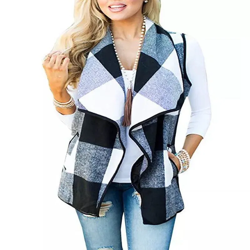 Plaid Lapels Sleeveless Cape Coat