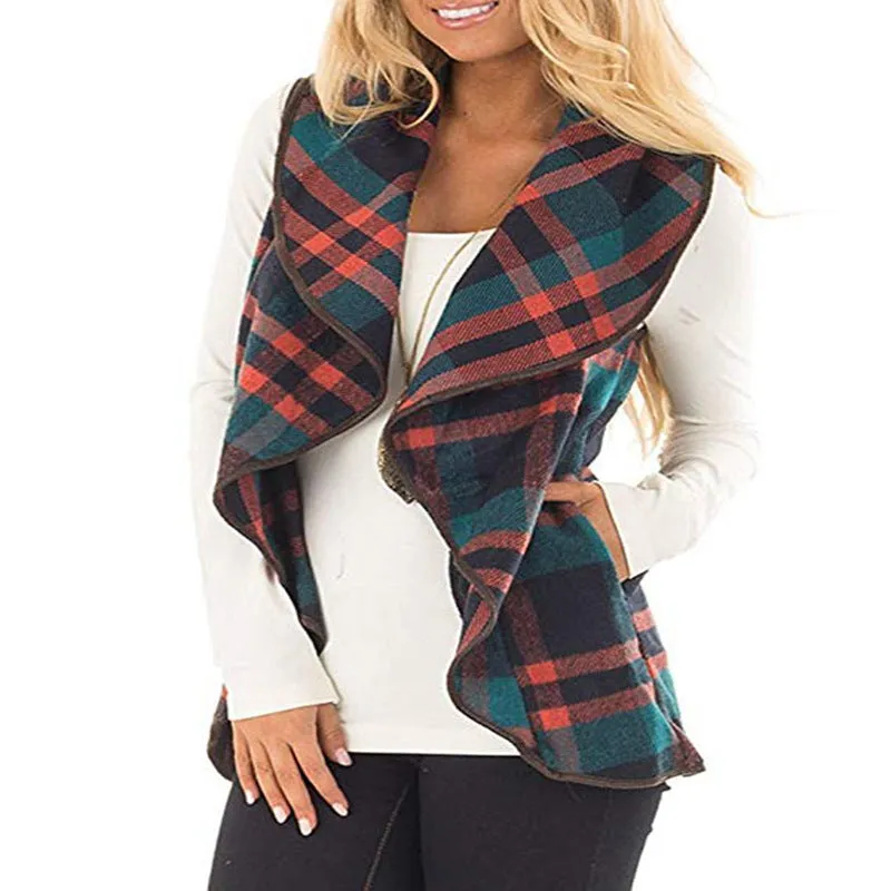 Plaid Lapels Sleeveless Cape Coat