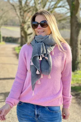 Plain Tassel Scarf | Grey x Pink