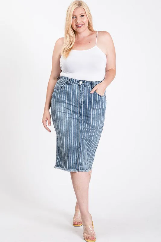 PLUS SIZE STRIPED BACK SLIT MIDI SKIRT