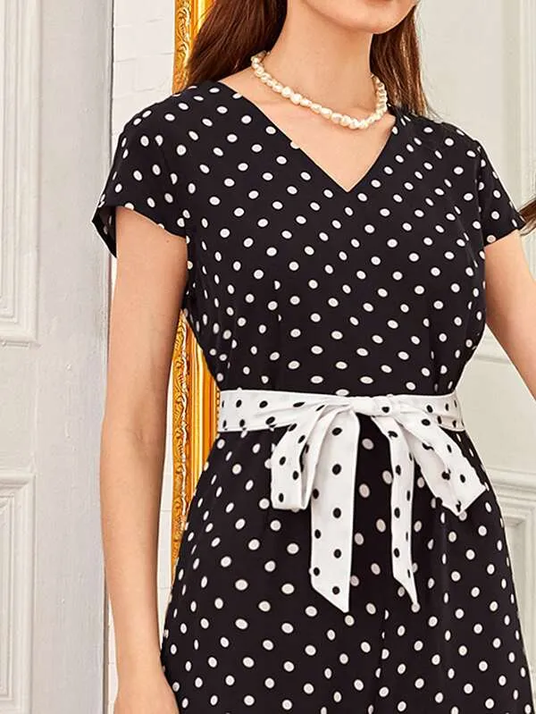 Polka Dot Belted Wide Leg Jumpsuit