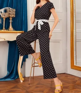 Polka Dot Belted Wide Leg Jumpsuit