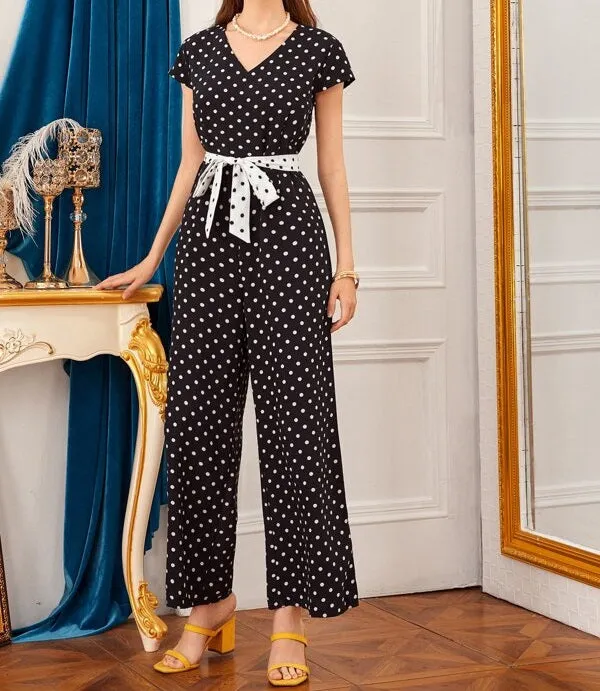 Polka Dot Belted Wide Leg Jumpsuit