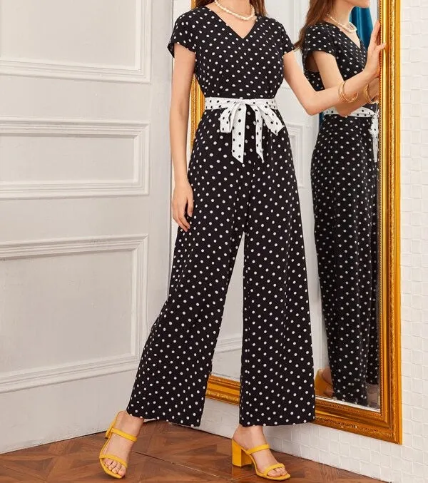 Polka Dot Belted Wide Leg Jumpsuit