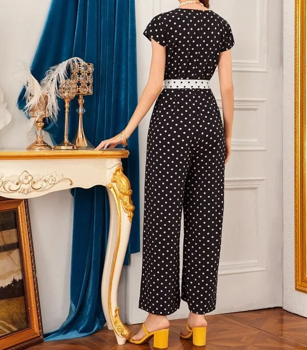 Polka Dot Belted Wide Leg Jumpsuit