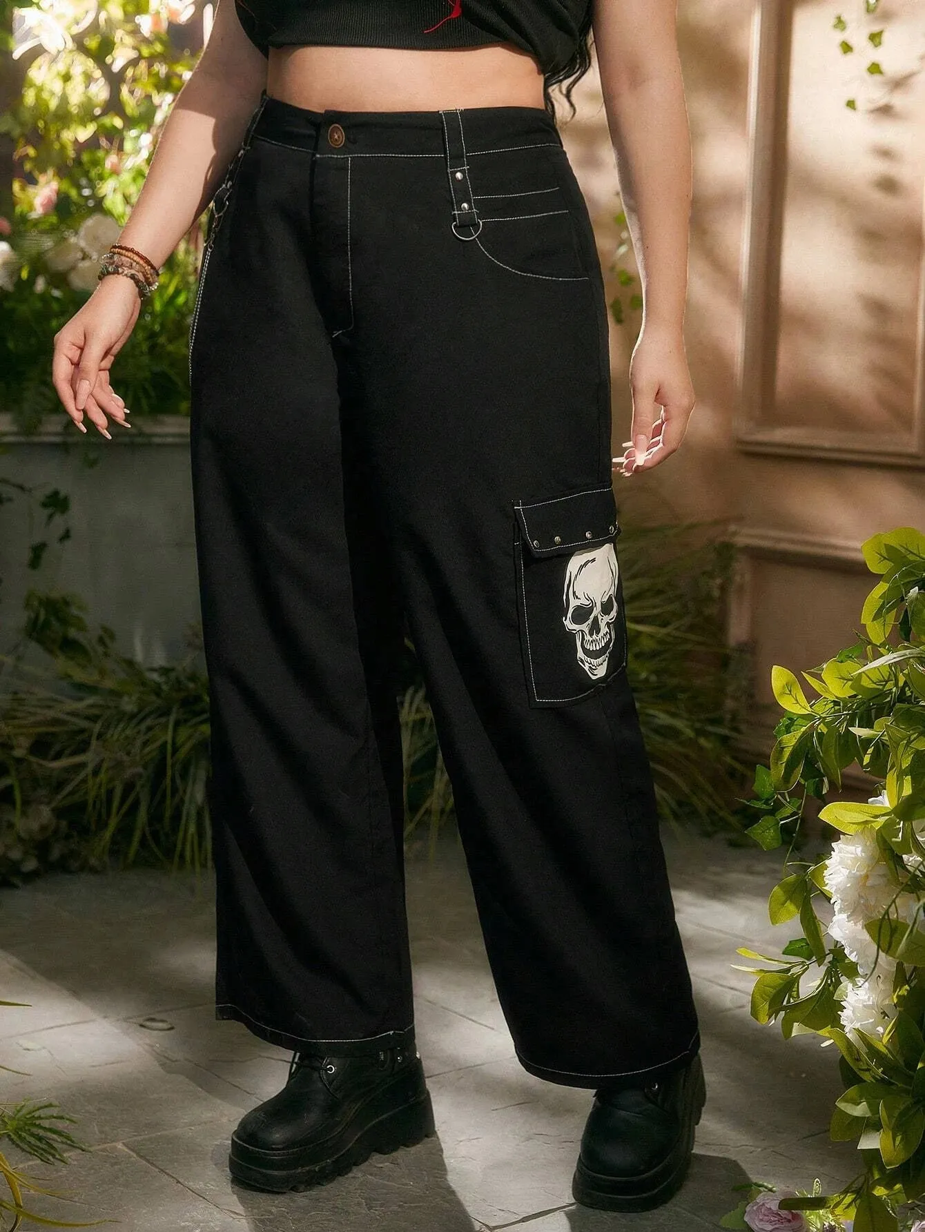 Print Flap Pocket Side Cargo Pants