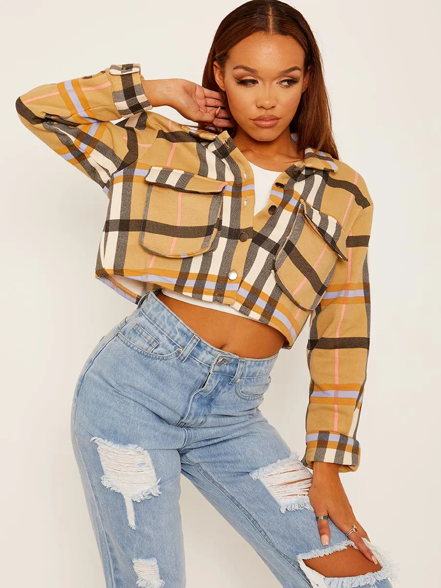 Rachel Cropped Colour Block Checked Shacket In Camel